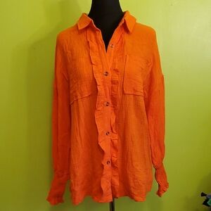 Women's Orange Ruffle Button-Up Top